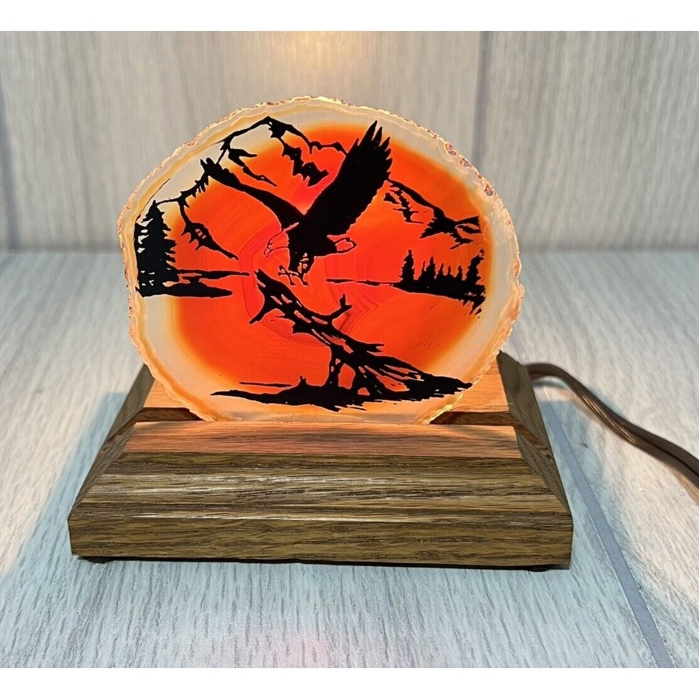 Vintage Rustic Eagle‎ In Flight Pine Tree Mountain Mini Table Accent Lamp Decor